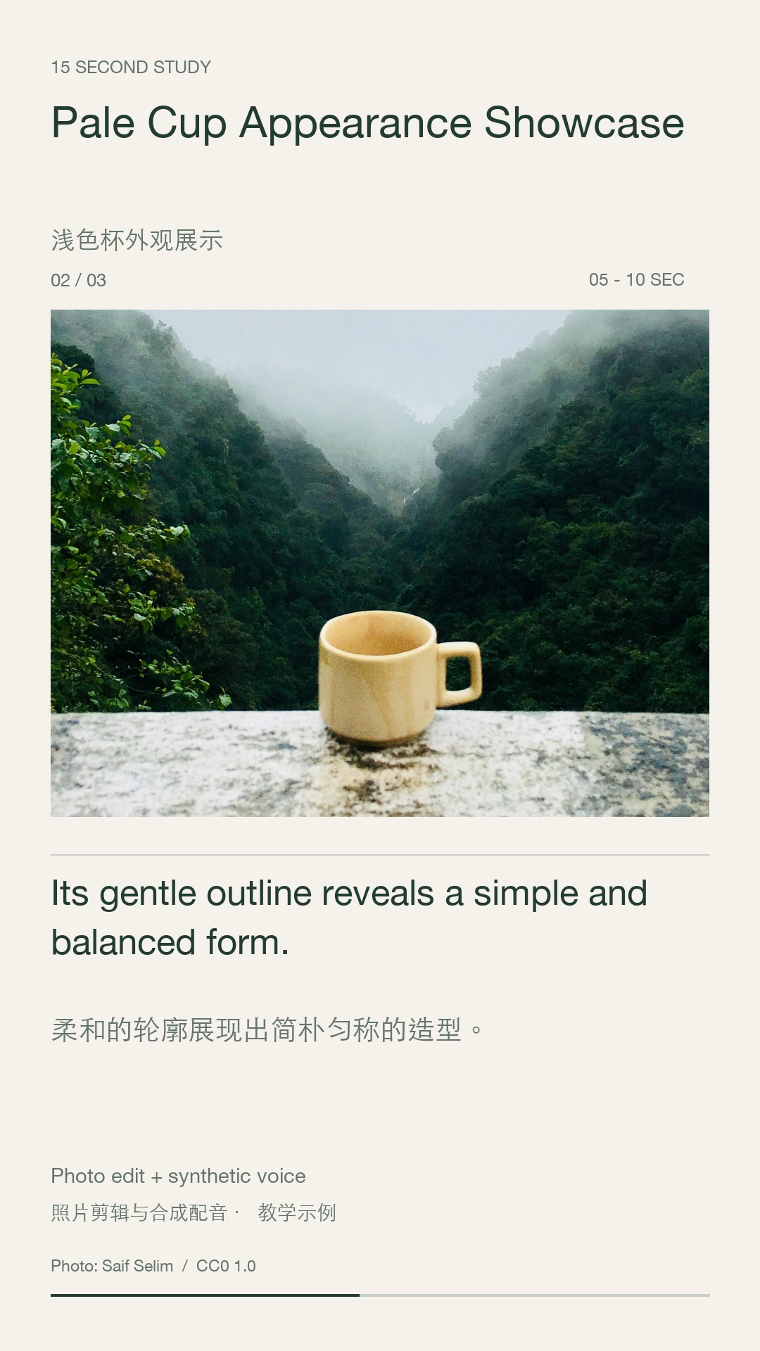15 秒参考短片的第 7 秒画面,使用真实照片剪辑,配有合成英文旁白和中英字幕。