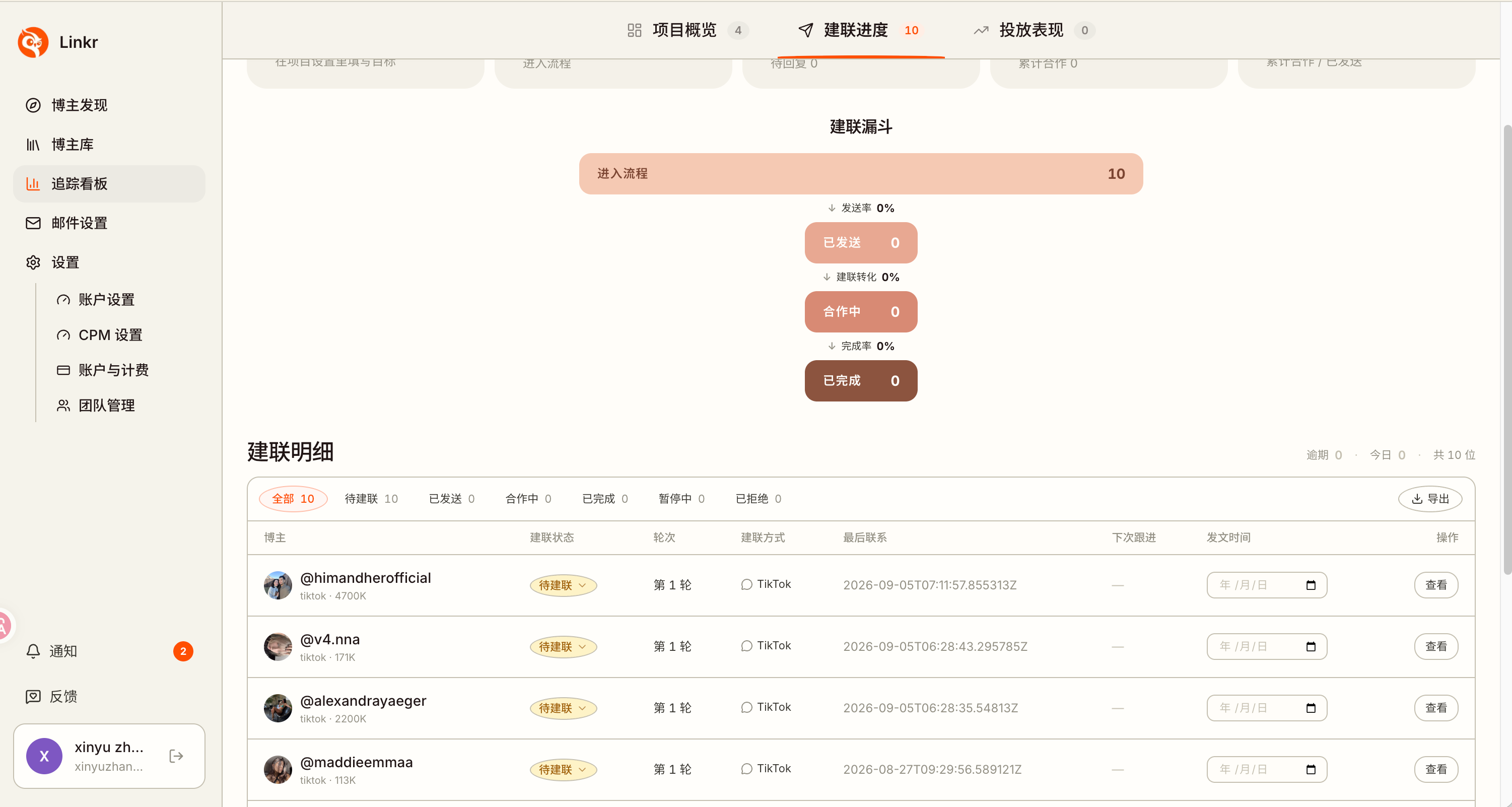 图 7-10 建联进度页中，10 位进入流程，已发送为 0。加入名单不等于已联系，图中数字是操作示例。